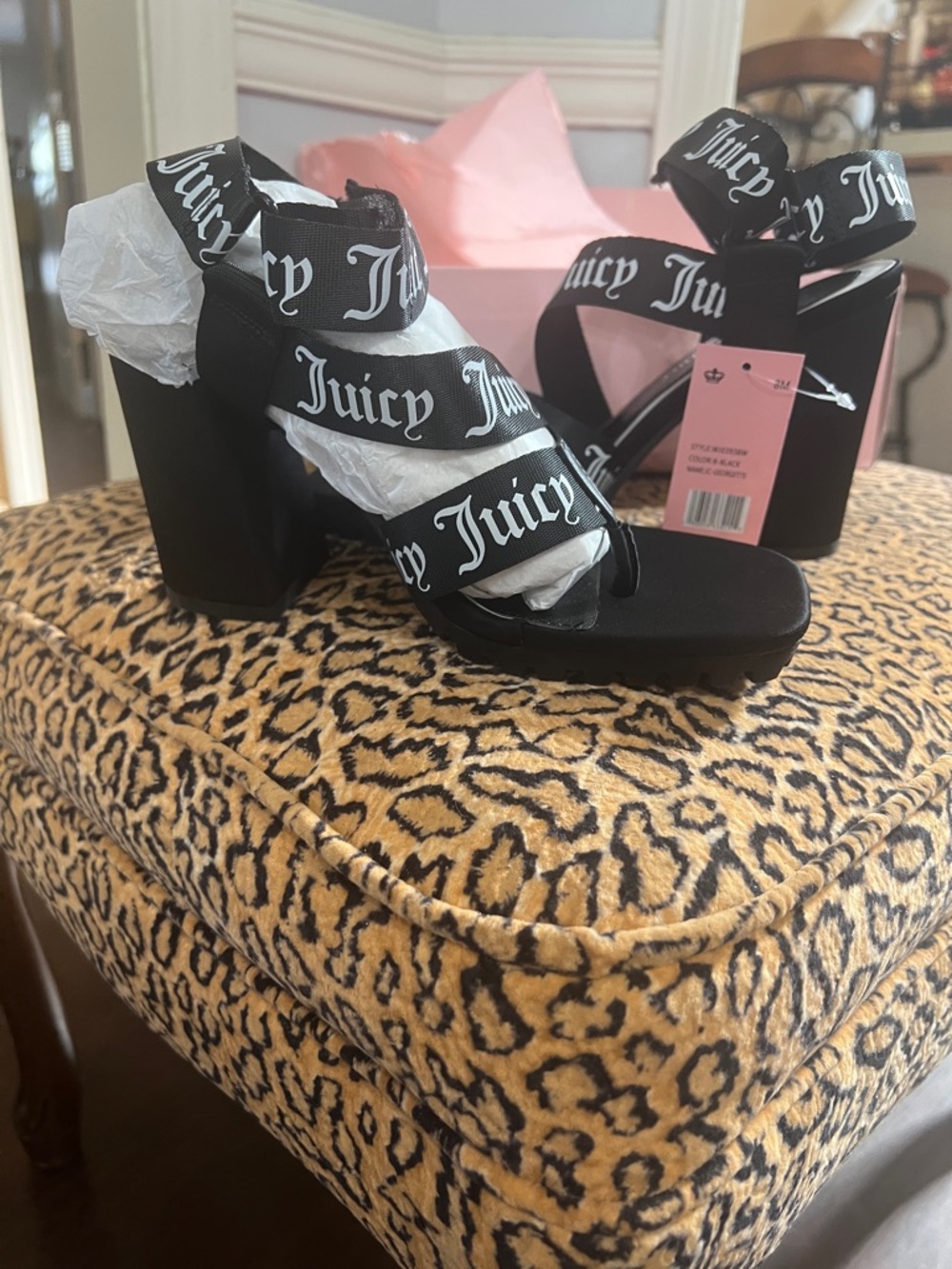 Juicy Couture Black Logo Wrap Block Heel Sandals